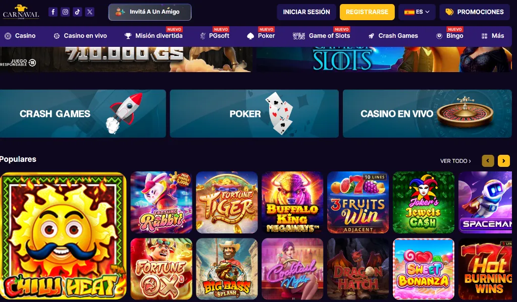 Lobby de tragamonedas en Casino Carnaval Online principal
